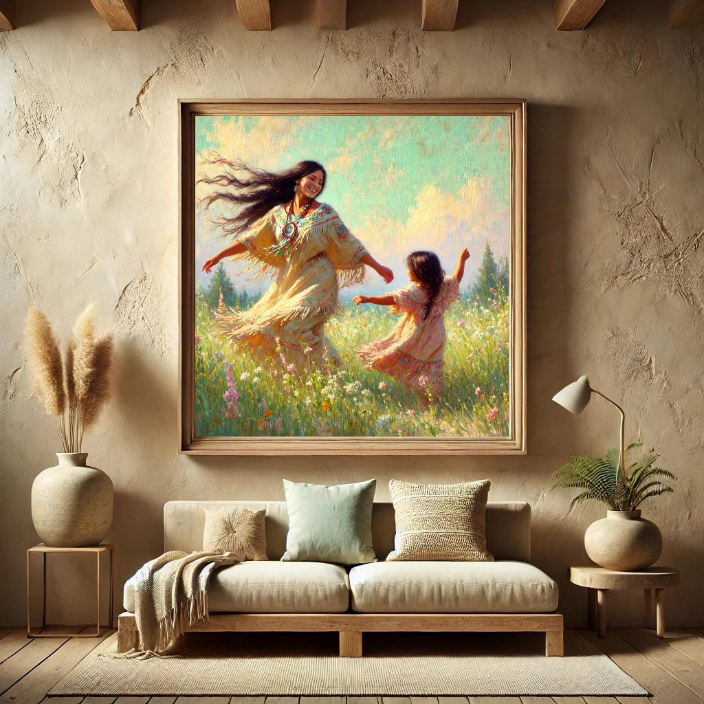 Oil Painting Mother Daughter Meadow Art Print, Boho Nursery Decor (Digital Download)