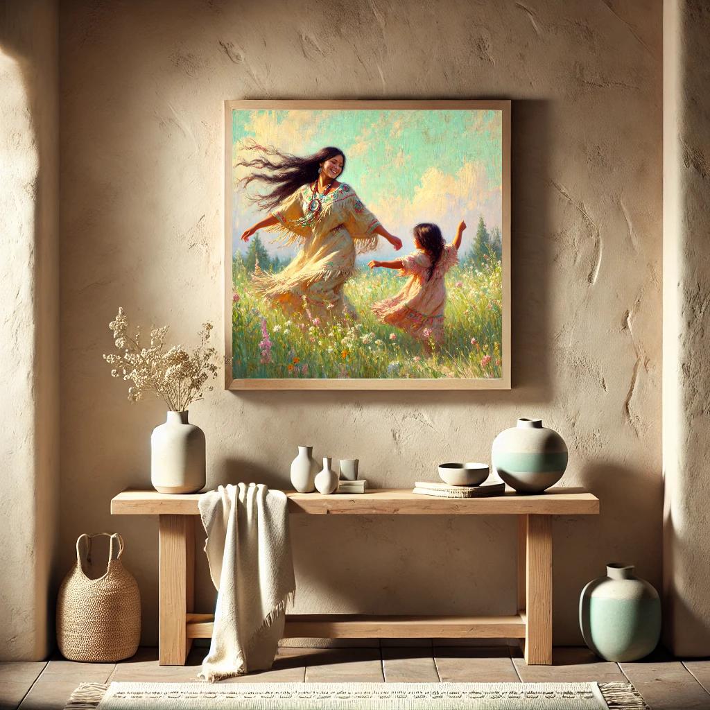 Oil Painting Mother Daughter Meadow Art Print, Boho Nursery Decor (Digital Download)