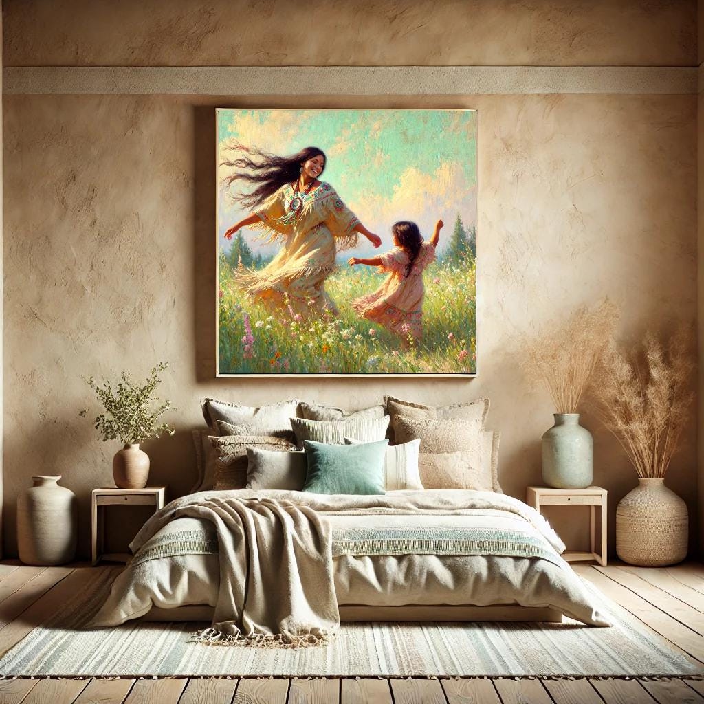 Oil Painting Mother Daughter Meadow Art Print, Boho Nursery Decor (Digital Download)