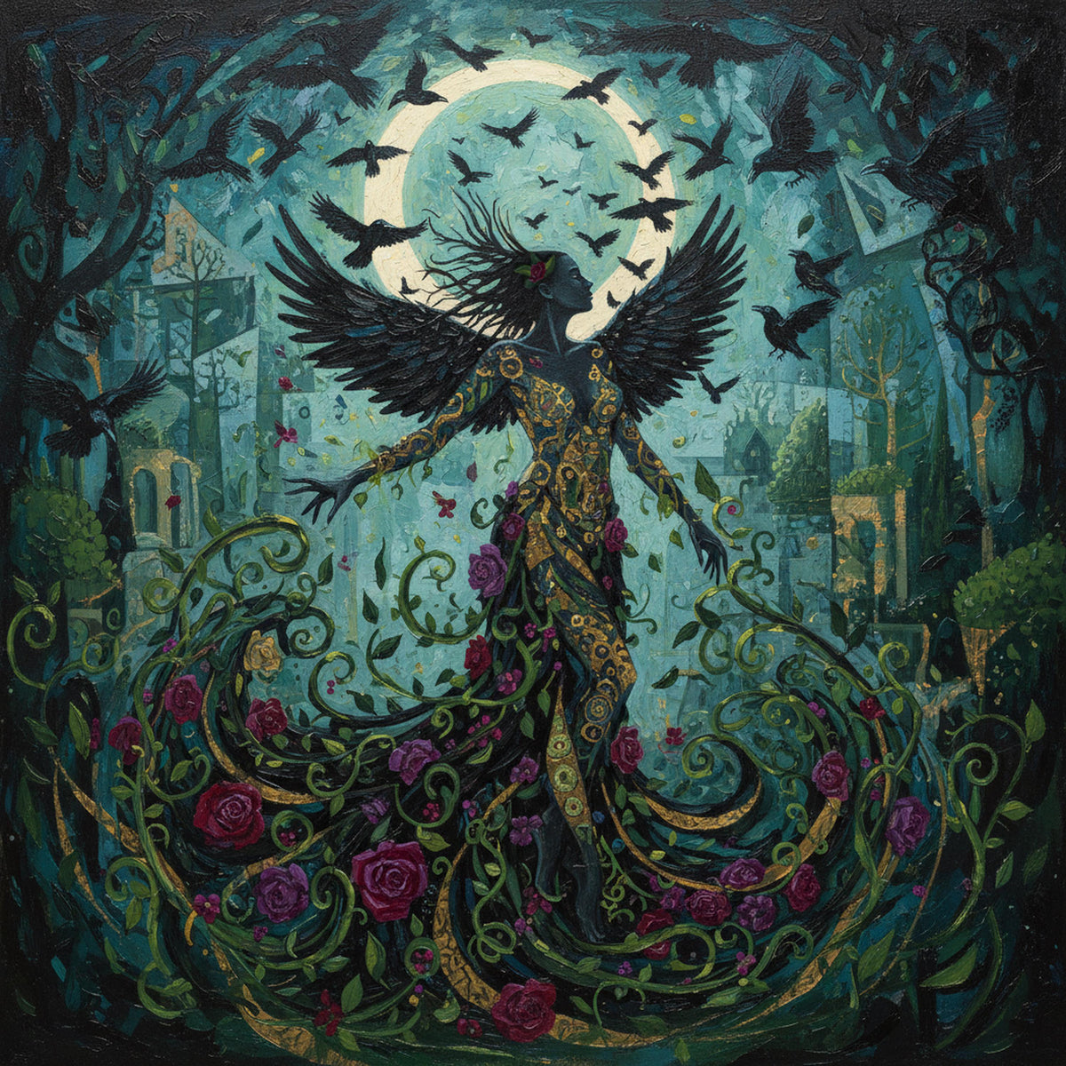 Morrigan Dark Forest Goddess Art: Moonlit Nature Spirit, Gothic Botanical Print (Digital Download)