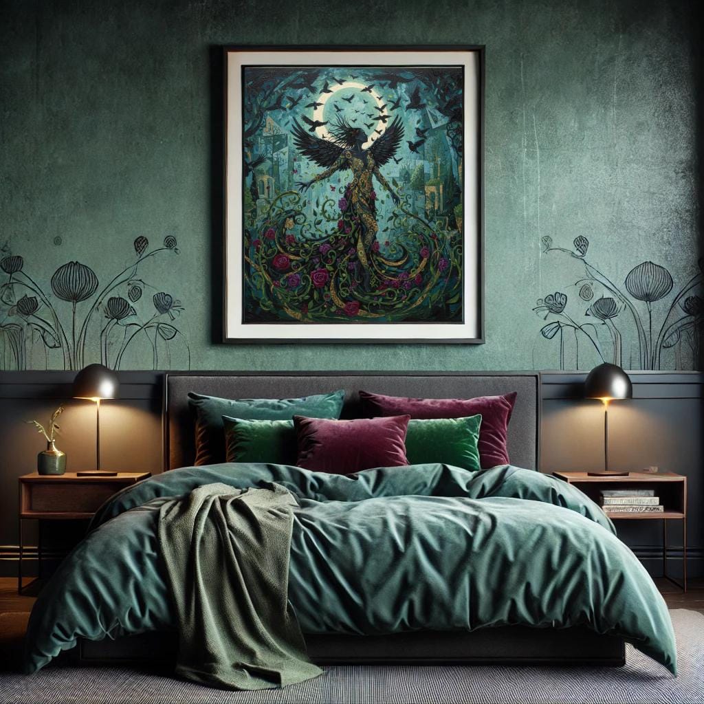 Morrigan Dark Forest Goddess Art: Moonlit Nature Spirit, Gothic Botanical Print (Digital Download)