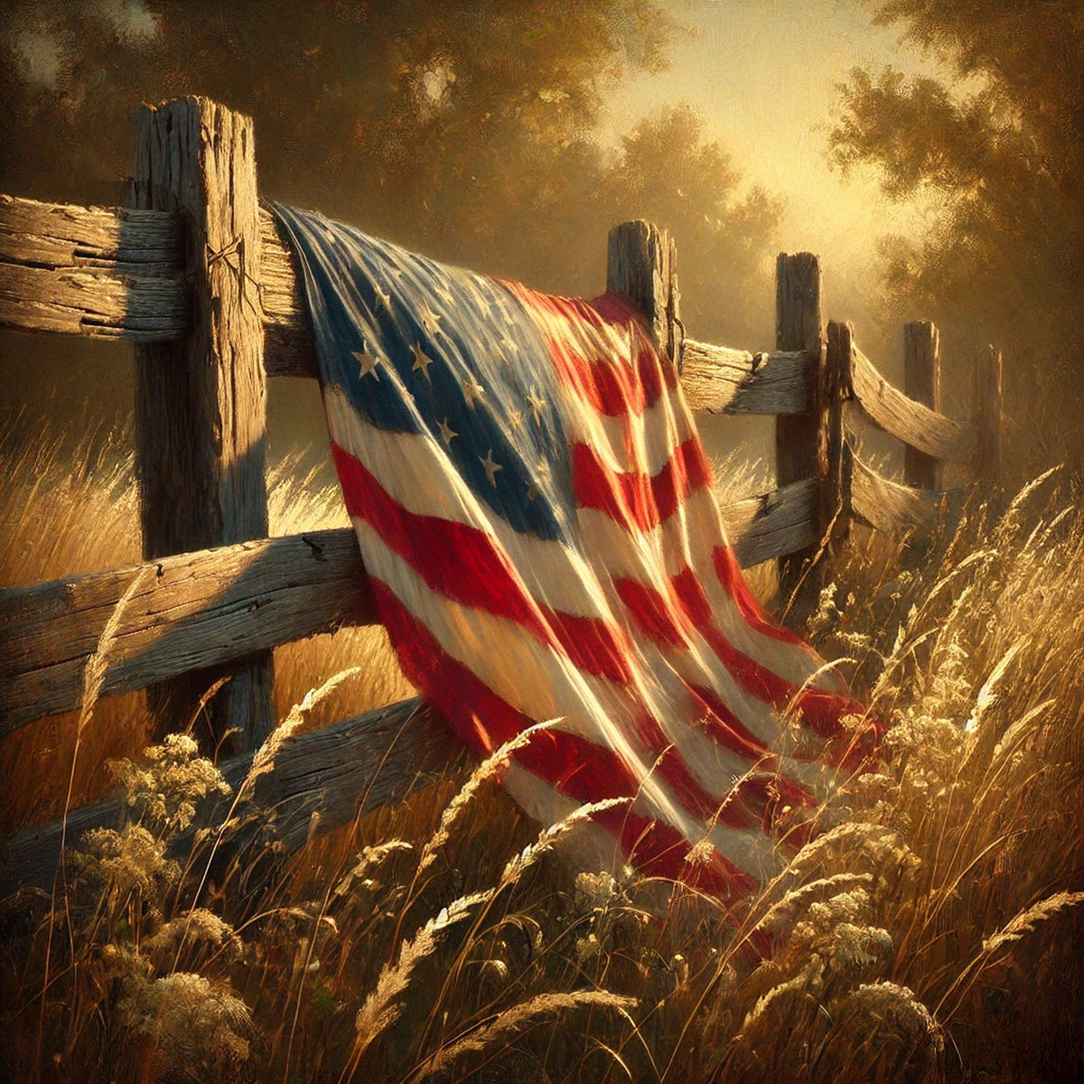 Rustic American Flag on Fence Vintage Patriotic Landscape Wall Art (Digital Download)