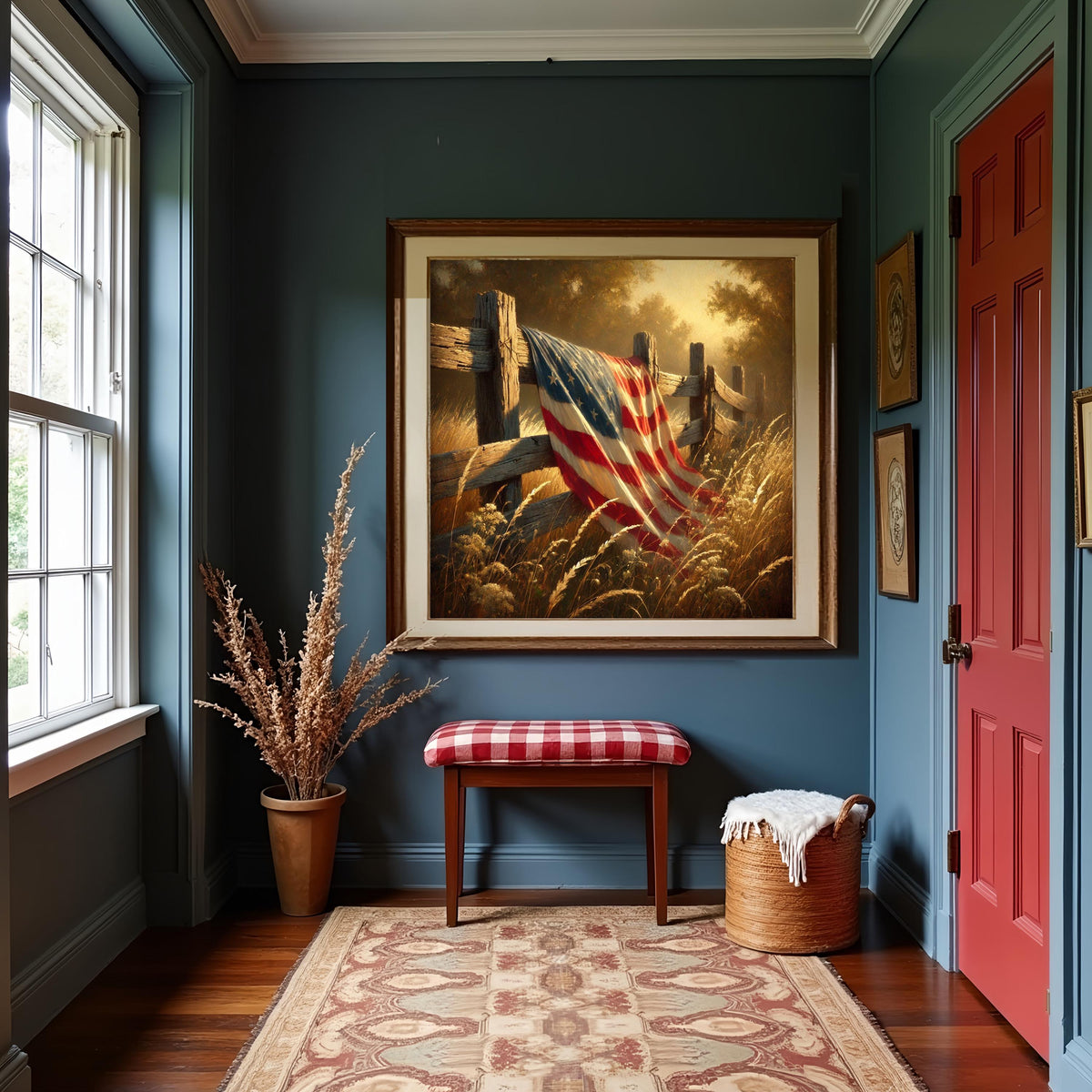 Rustic American Flag on Fence Vintage Patriotic Landscape Wall Art (Digital Download)