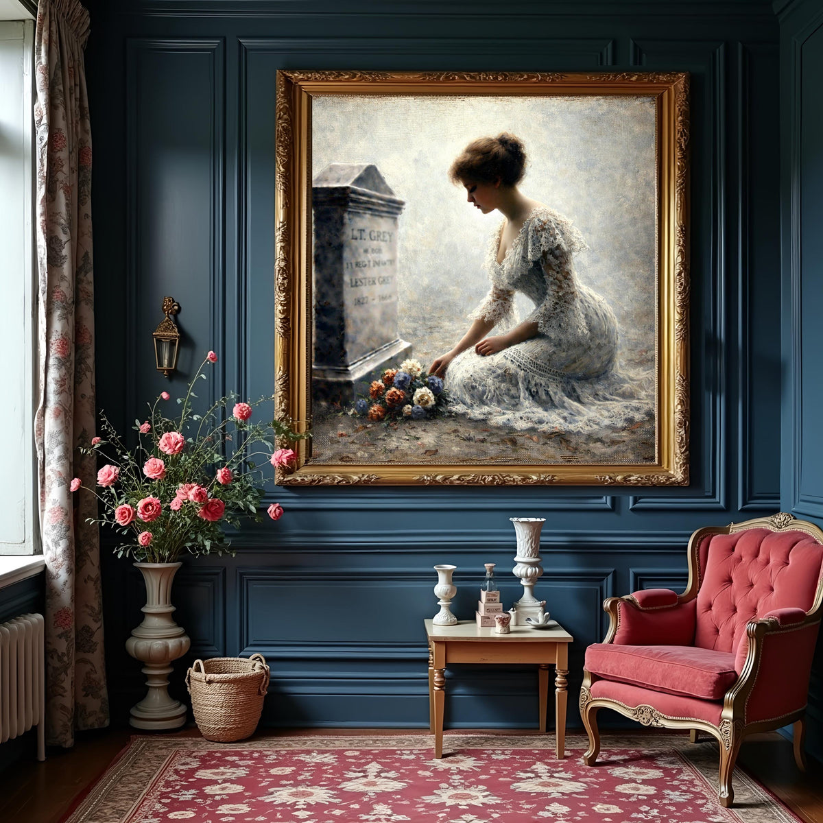 Mourning Woman at Grave Oil Painting Style Memorial Art (Digital Download)