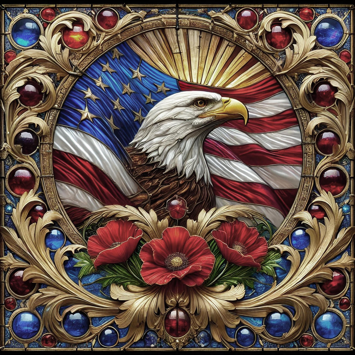 Bald Eagle Stained Glass Art: Vintage American Flag Poppies (Digital Download)