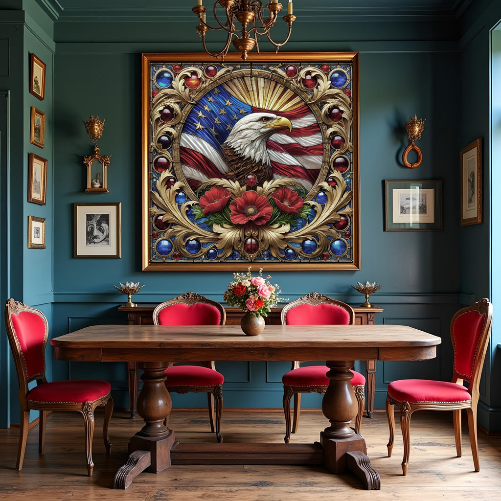 Bald Eagle Stained Glass Art: Vintage American Flag Poppies (Digital Download)