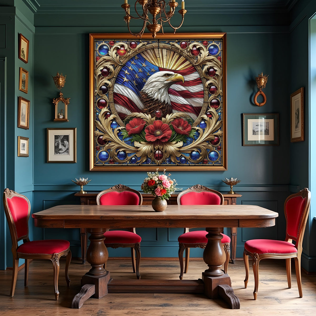 Bald Eagle Stained Glass Art: Vintage American Flag Poppies (Digital Download)