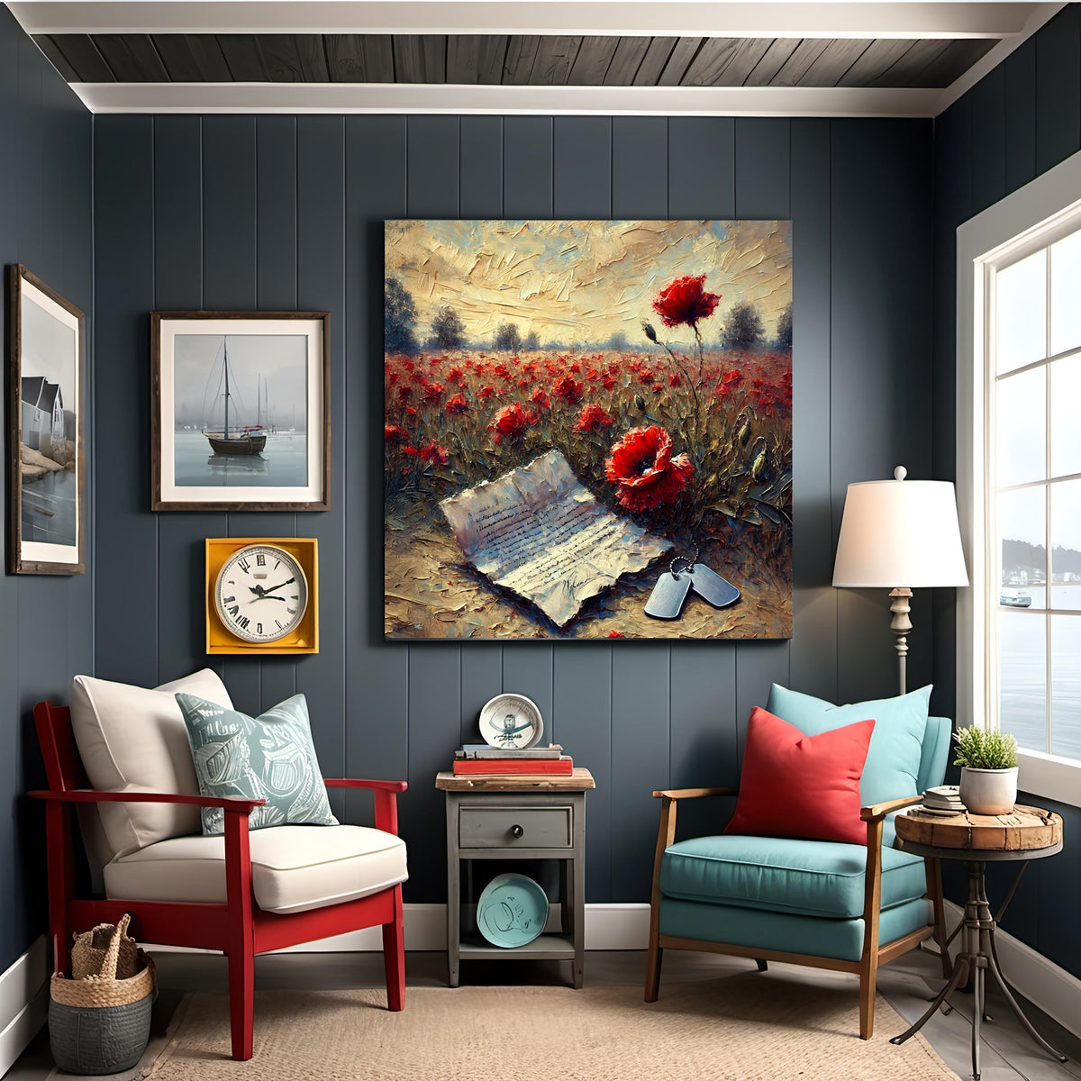Poppy Field Remembrance Oil Painting: Soldier Dog Tags, Patriotic Wall Decor (Digital Art Download)