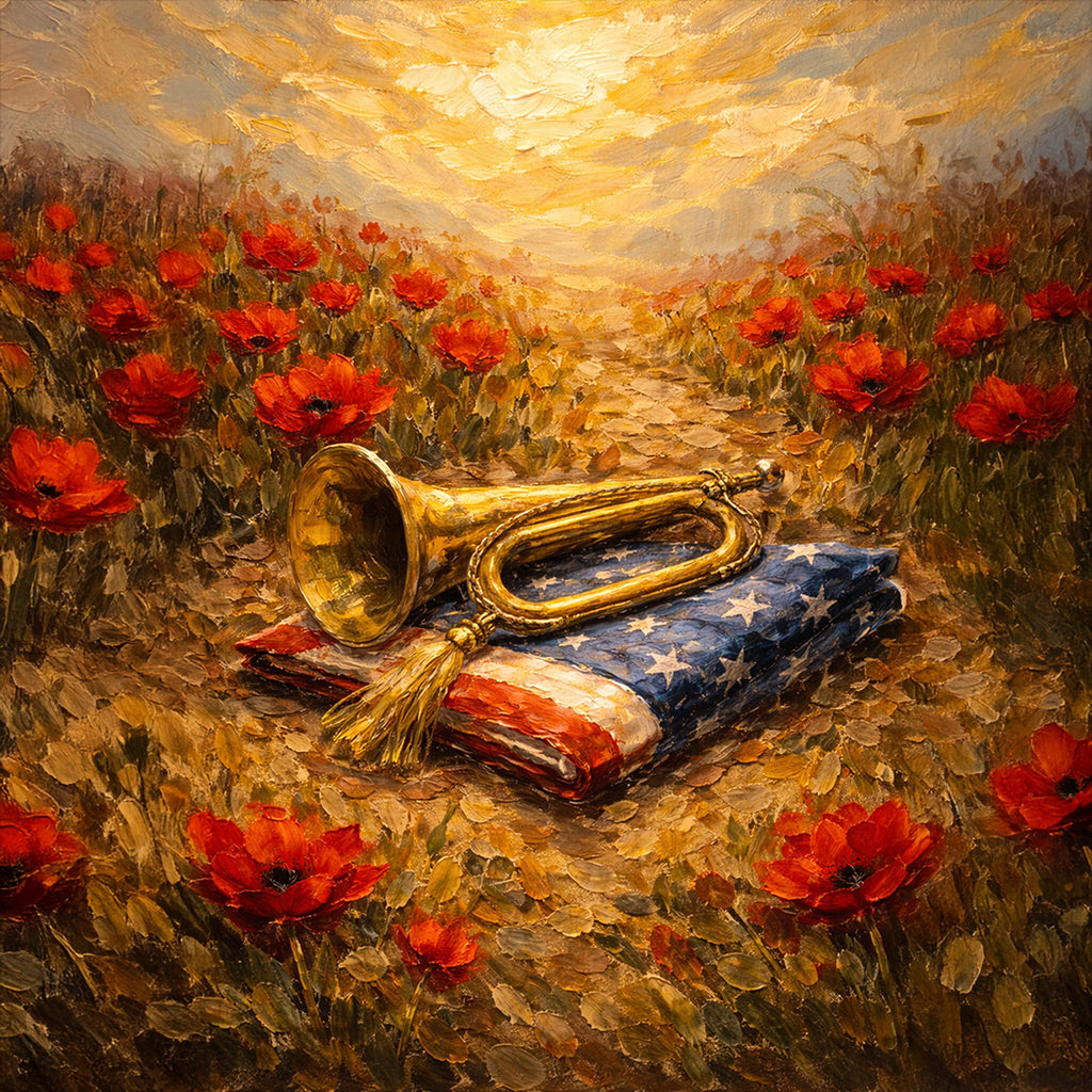 Poppy Field Bugle American Flag Oil Painting (Digital Download) – Remembrance Art