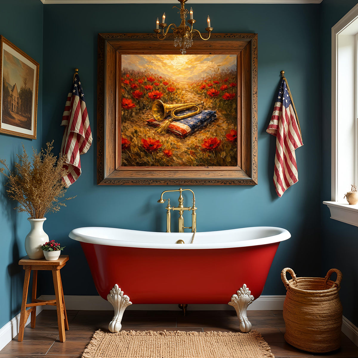 Poppy Field Bugle American Flag Oil Painting (Digital Download) – Remembrance Art