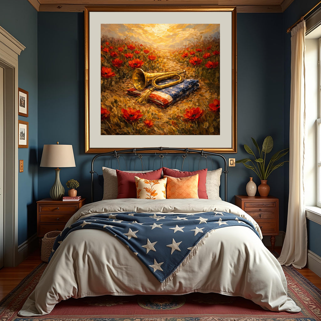 Poppy Field Bugle American Flag Oil Painting (Digital Download) – Remembrance Art