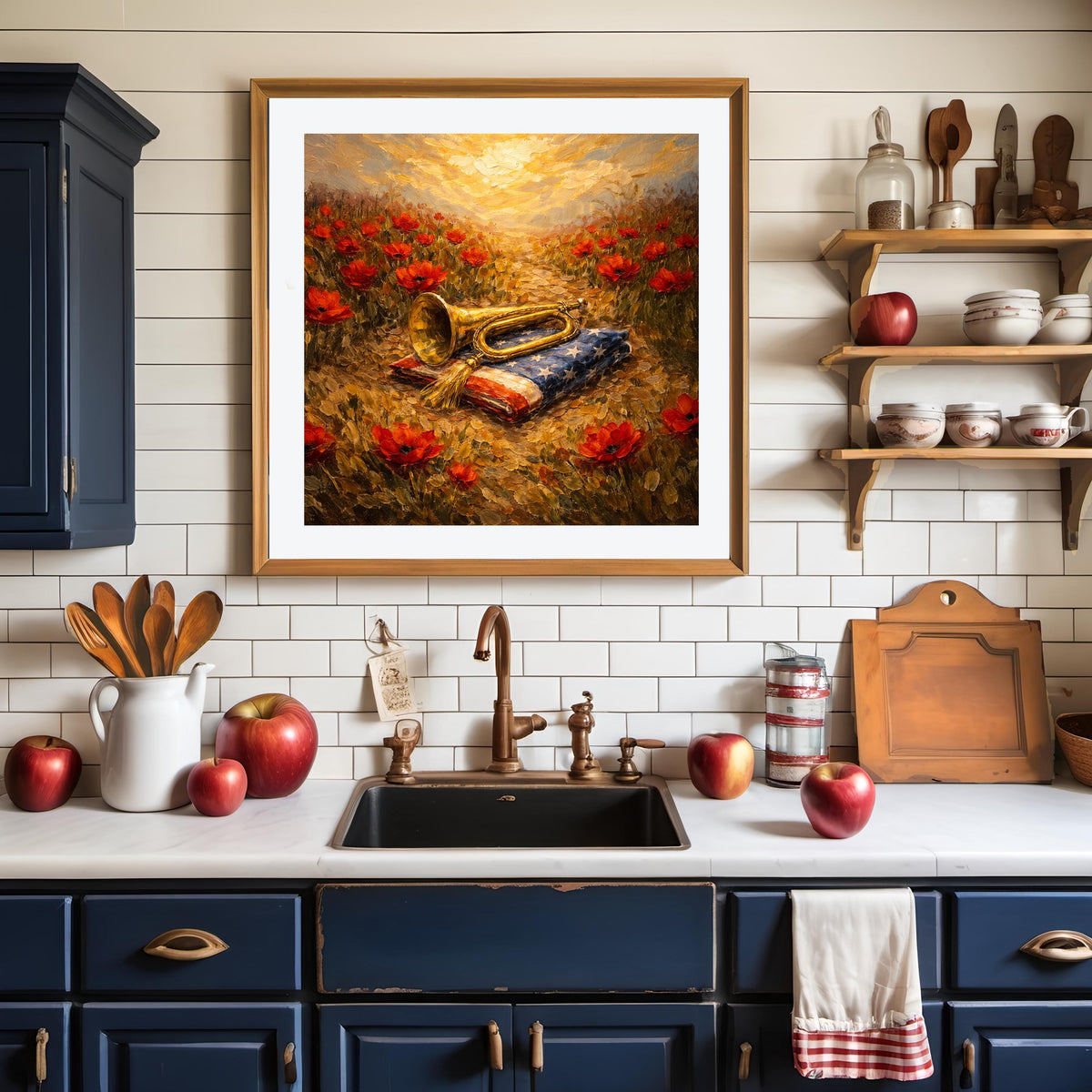 Poppy Field Bugle American Flag Oil Painting (Digital Download) – Remembrance Art