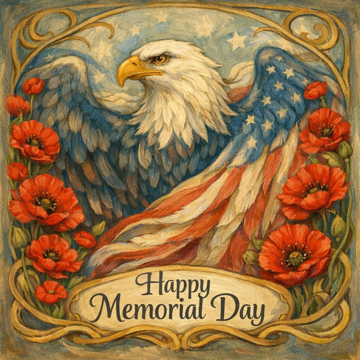 Vintage Eagle Poppy American Flag Oil Painting (Digital Art)