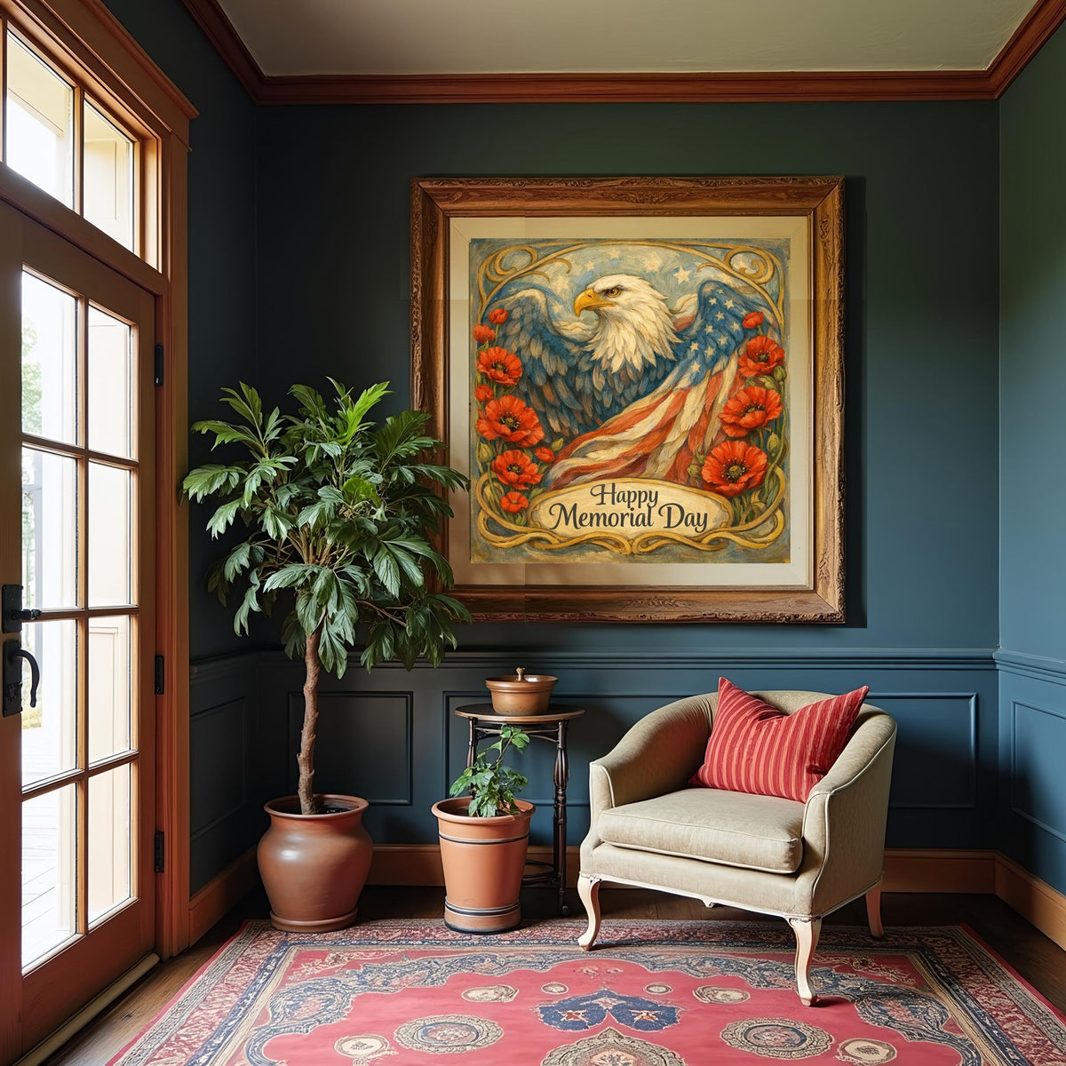 Vintage Eagle Poppy American Flag Oil Painting (Digital Art)