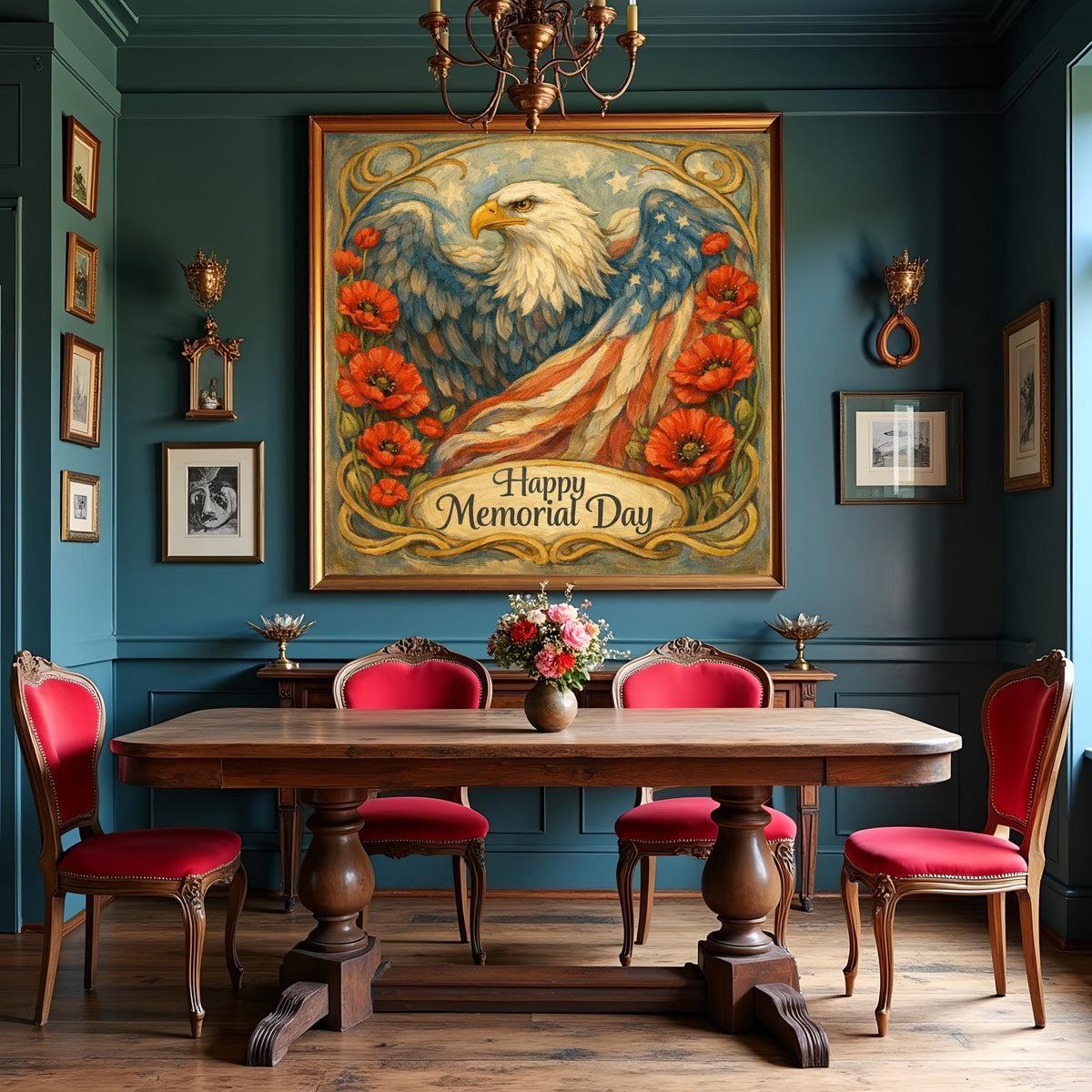 Vintage Eagle Poppy American Flag Oil Painting (Digital Art)