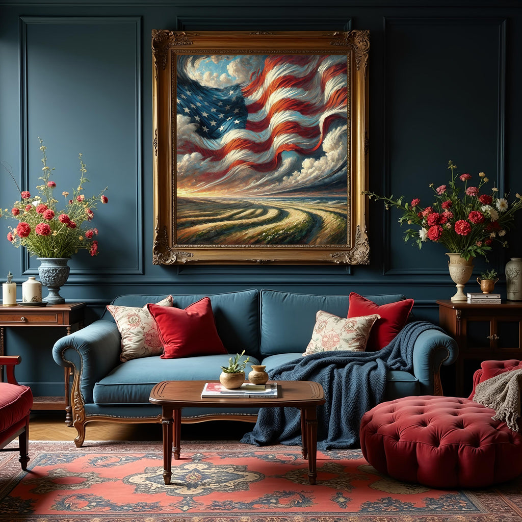 American Flag Sky Landscape Oil Painting (Digital Download) – Patriotic Americana Artwork