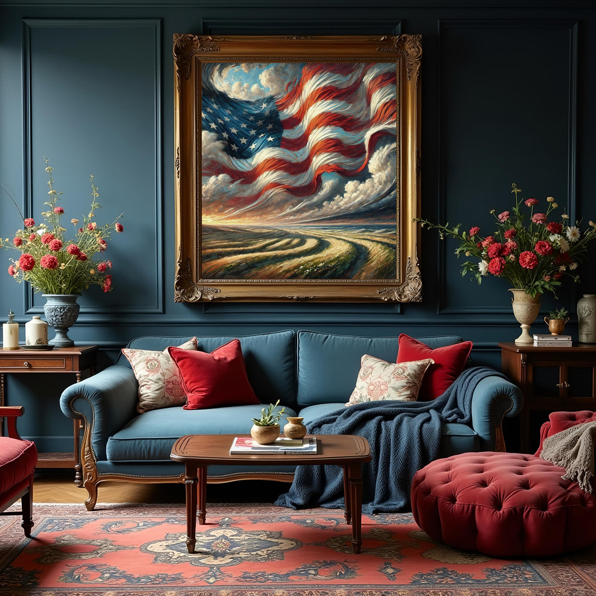 American Flag Sky Landscape Oil Painting (Digital Download) – Patriotic Americana Artwork