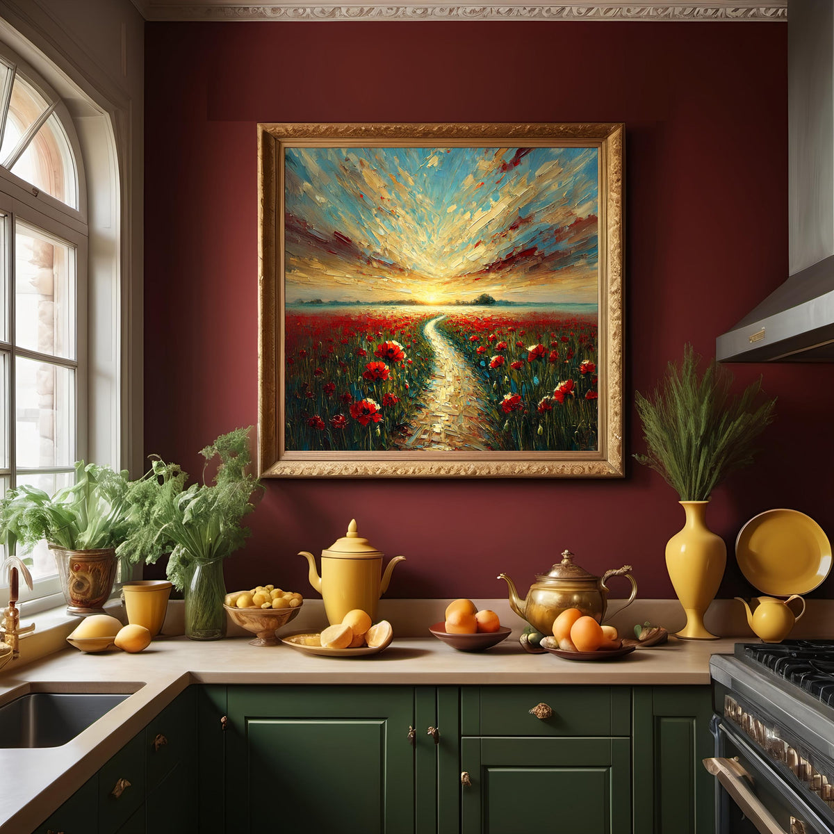 Poppy Field Sunrise Oil Painting: Memorial Day Path (Digital Download)
