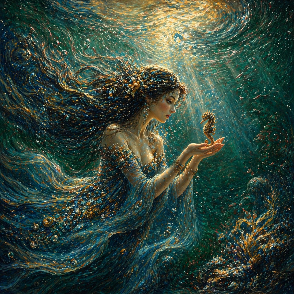 Vintage Ocean Siren Seahorse Art: Underwater l Fantasy Woman Ocean Goddess Painting Digital Art Wall Decor (Digital Download)