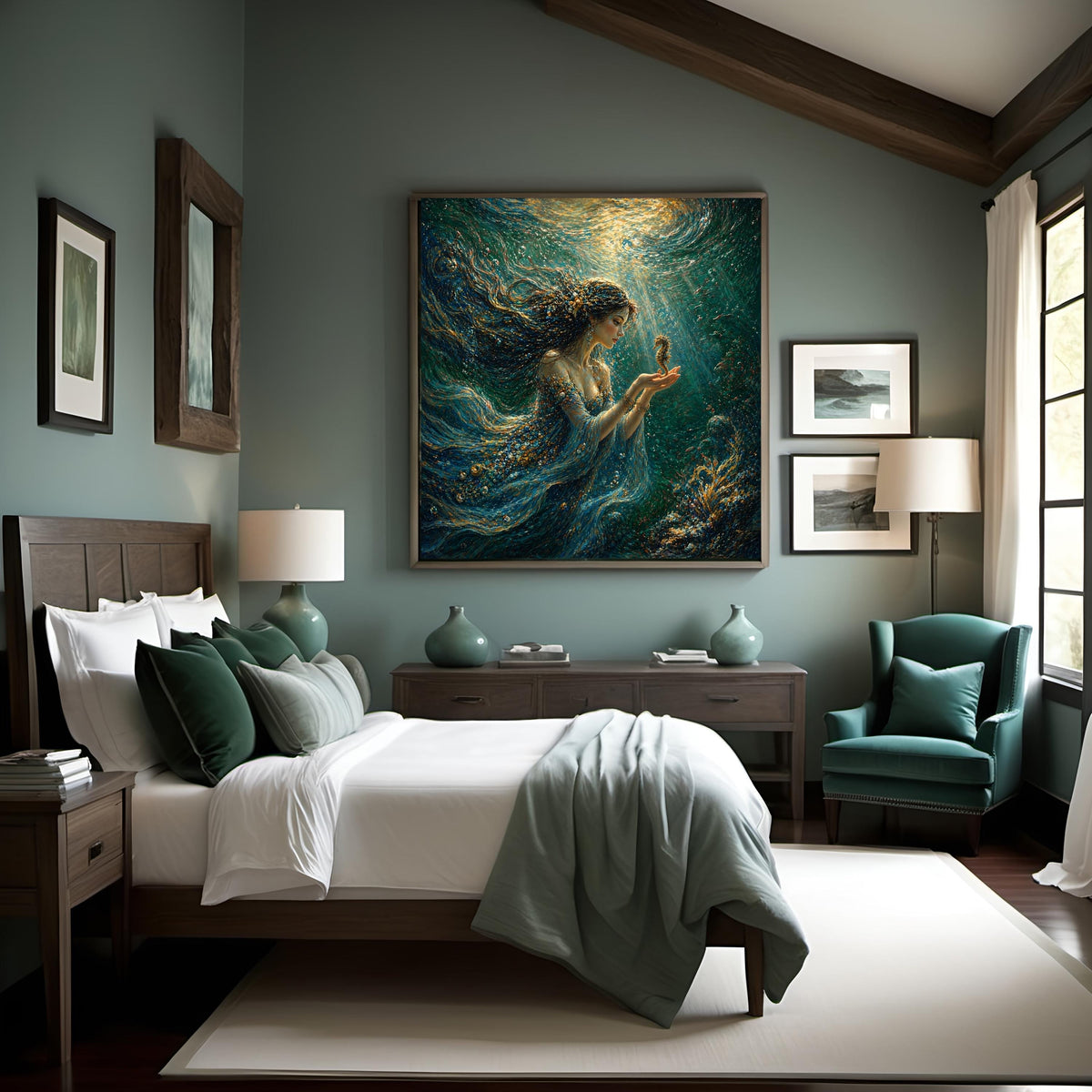 Vintage Ocean Siren Seahorse Art: Underwater l Fantasy Woman Ocean Goddess Painting Digital Art Wall Decor (Digital Download)