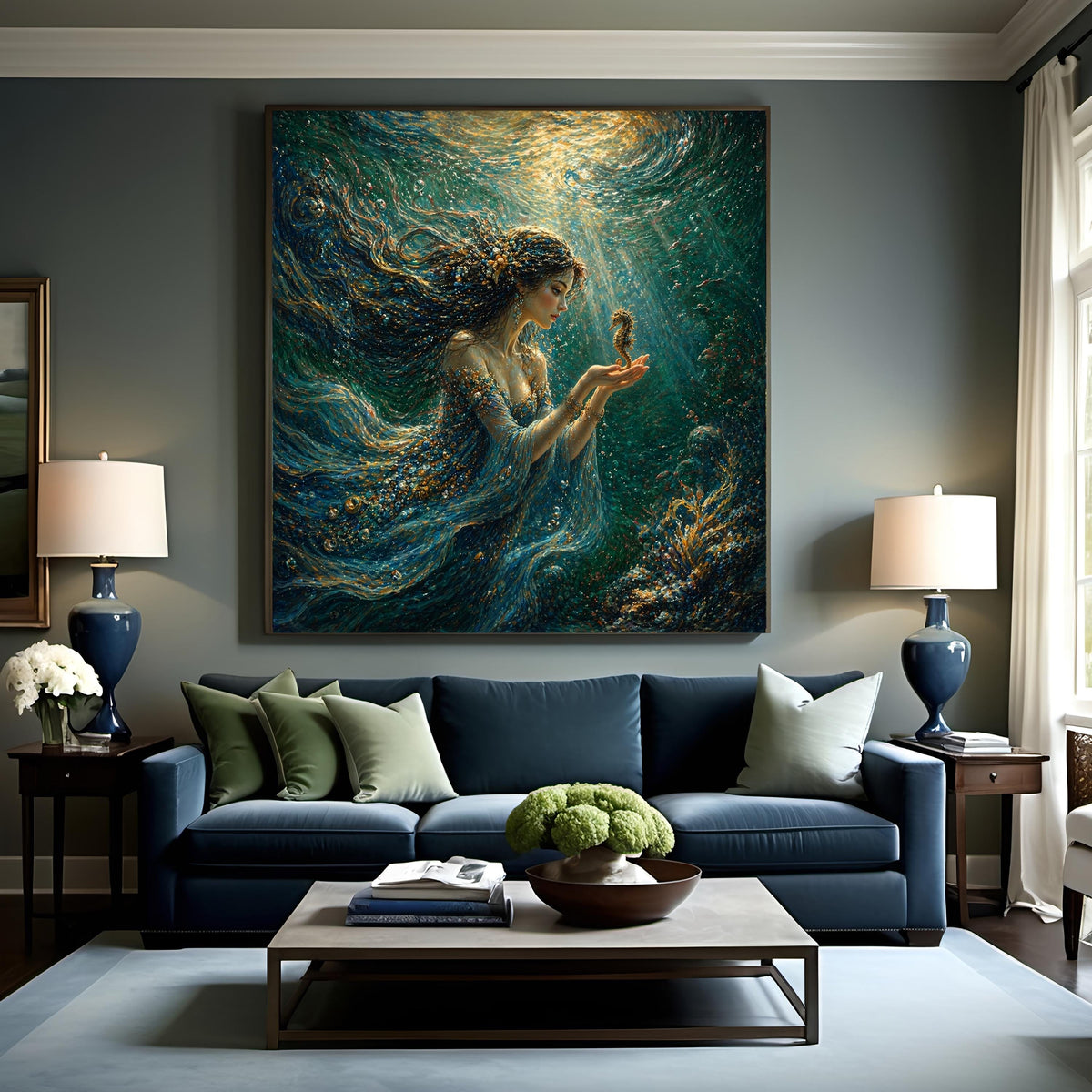 Vintage Ocean Siren Seahorse Art: Underwater l Fantasy Woman Ocean Goddess Painting Digital Art Wall Decor (Digital Download)