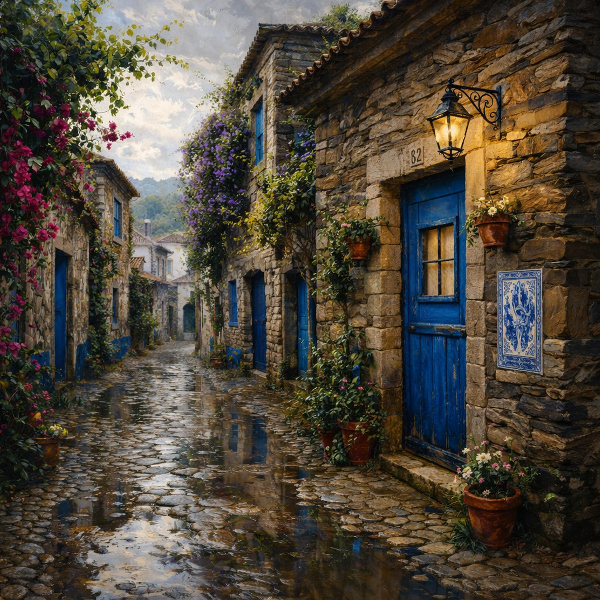 Vintage Portuguese Village Scene: Cobblestone Street, Blue Door Cottage, Floral Alley (Digital Download)