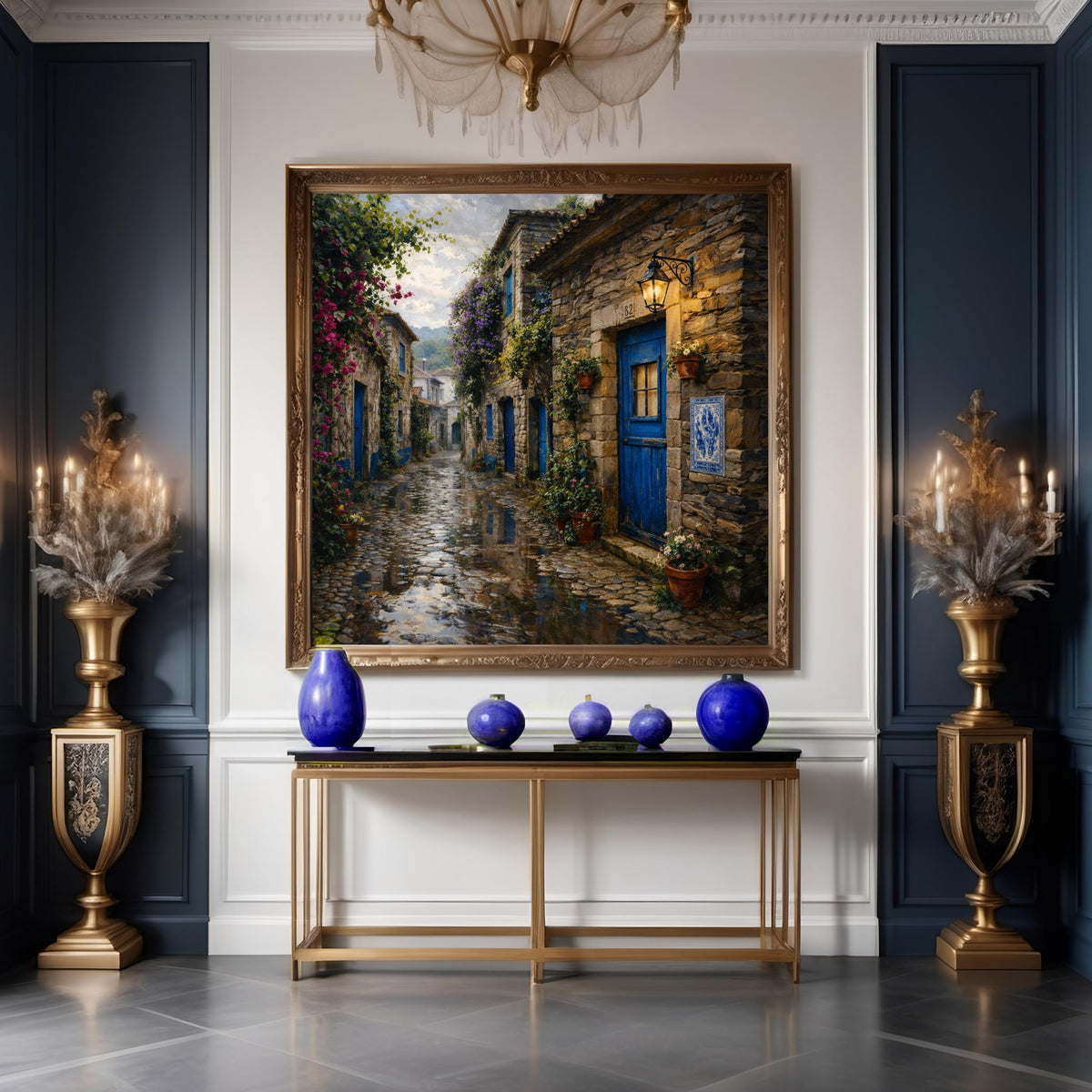 Vintage Portuguese Village Scene: Cobblestone Street, Blue Door Cottage, Floral Alley (Digital Download)