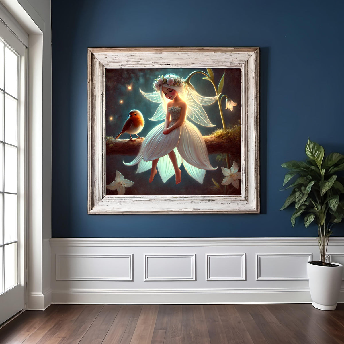 Petal Sprite Painting: Whimsical Fairy Robin Wall Art (Digital Download)