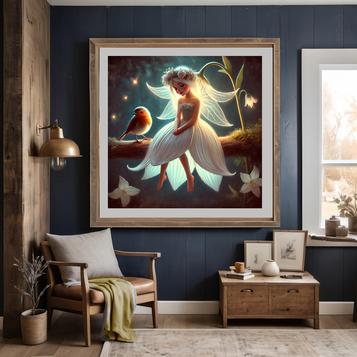 Petal Sprite Painting: Whimsical Fairy Robin Wall Art (Digital Download)