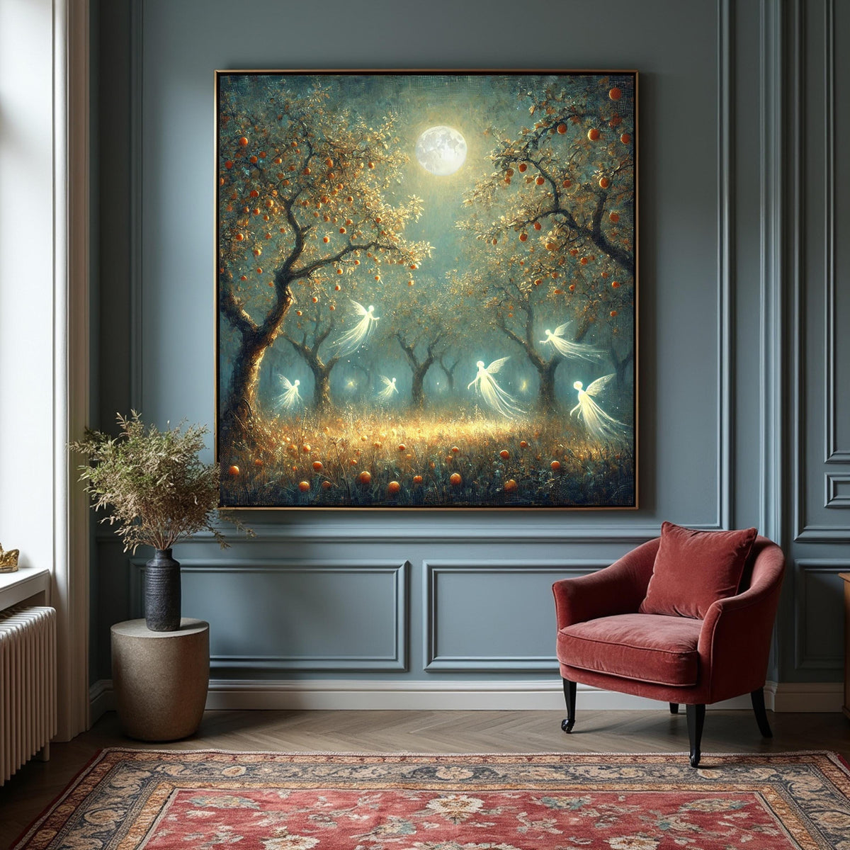 Moonlit Orchard Fairies Print: Vintage Oil Painting Fantasy Autumn Wall Decor (Digital Download)