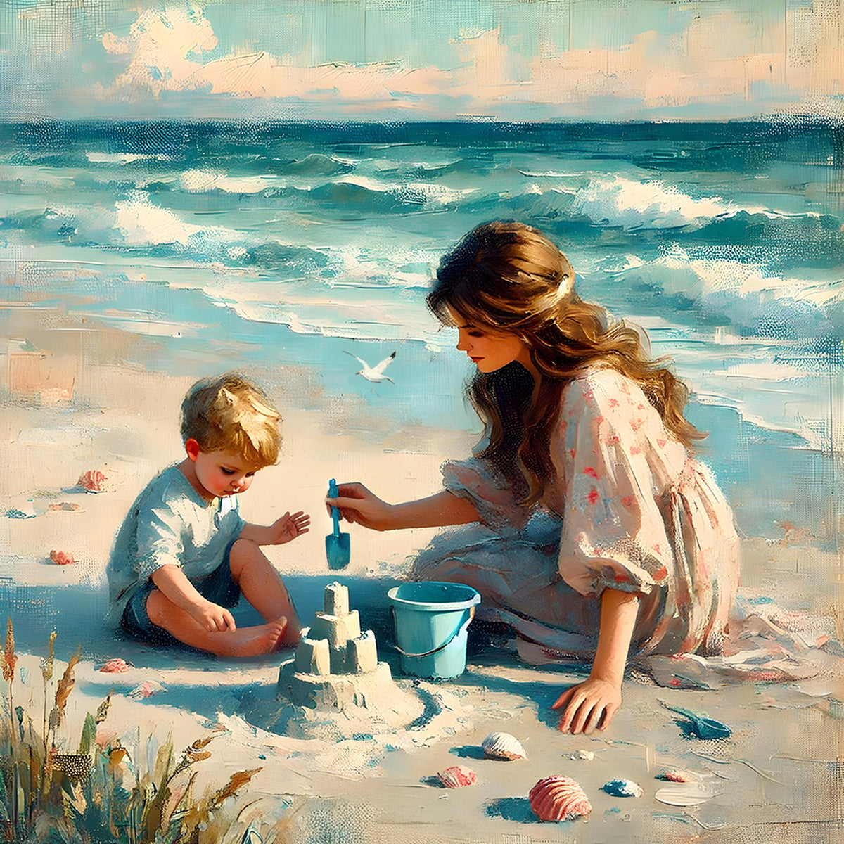 Mother and Son Sandcastle Beach Art Print: Summer Coastal Decor (Digital Download)