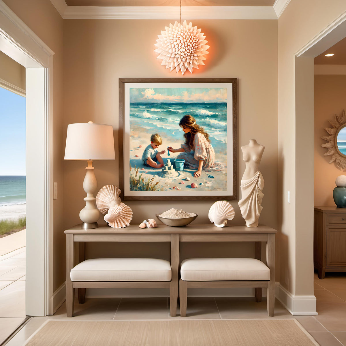 Mother and Son Sandcastle Beach Art Print: Summer Coastal Decor (Digital Download)