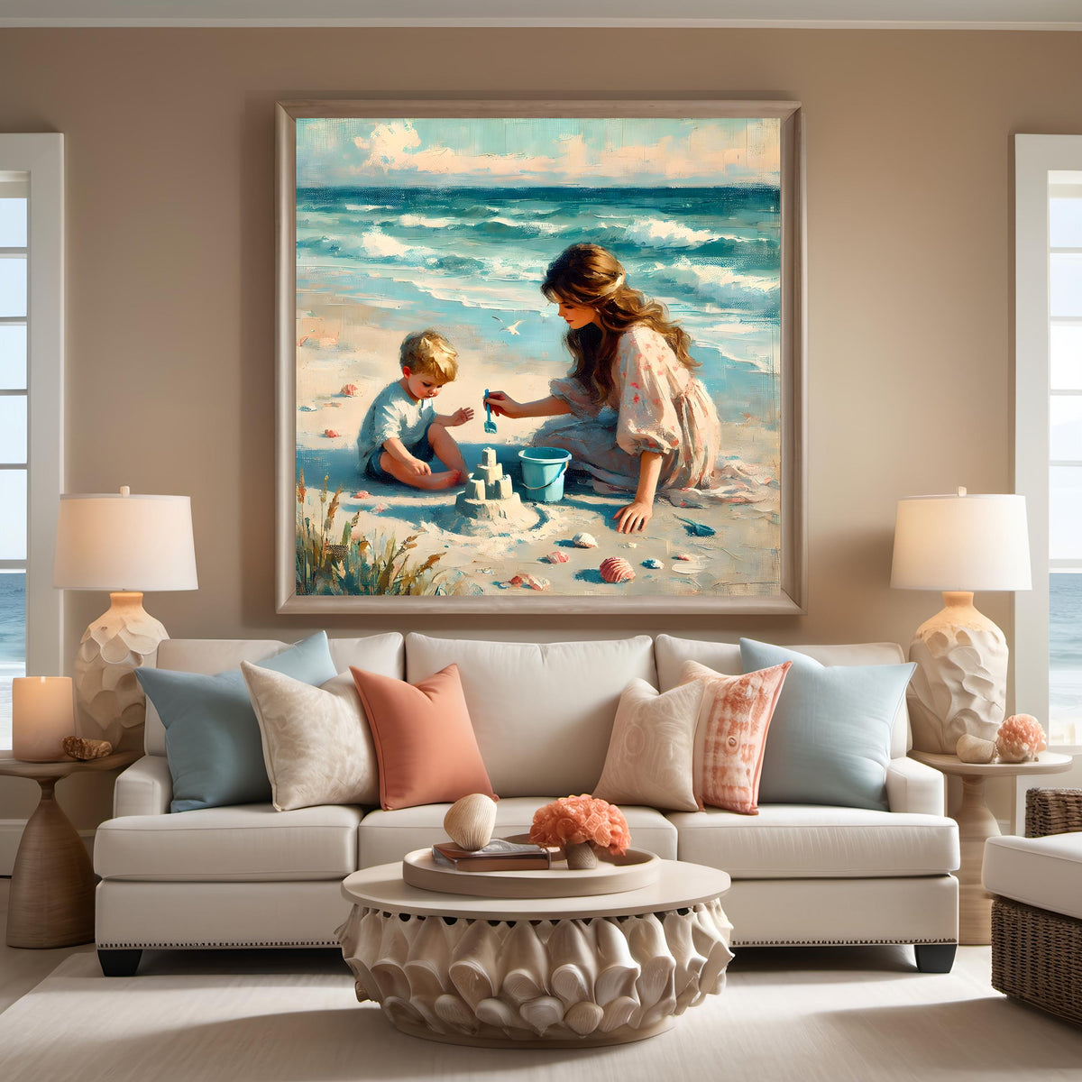Mother and Son Sandcastle Beach Art Print: Summer Coastal Decor (Digital Download)