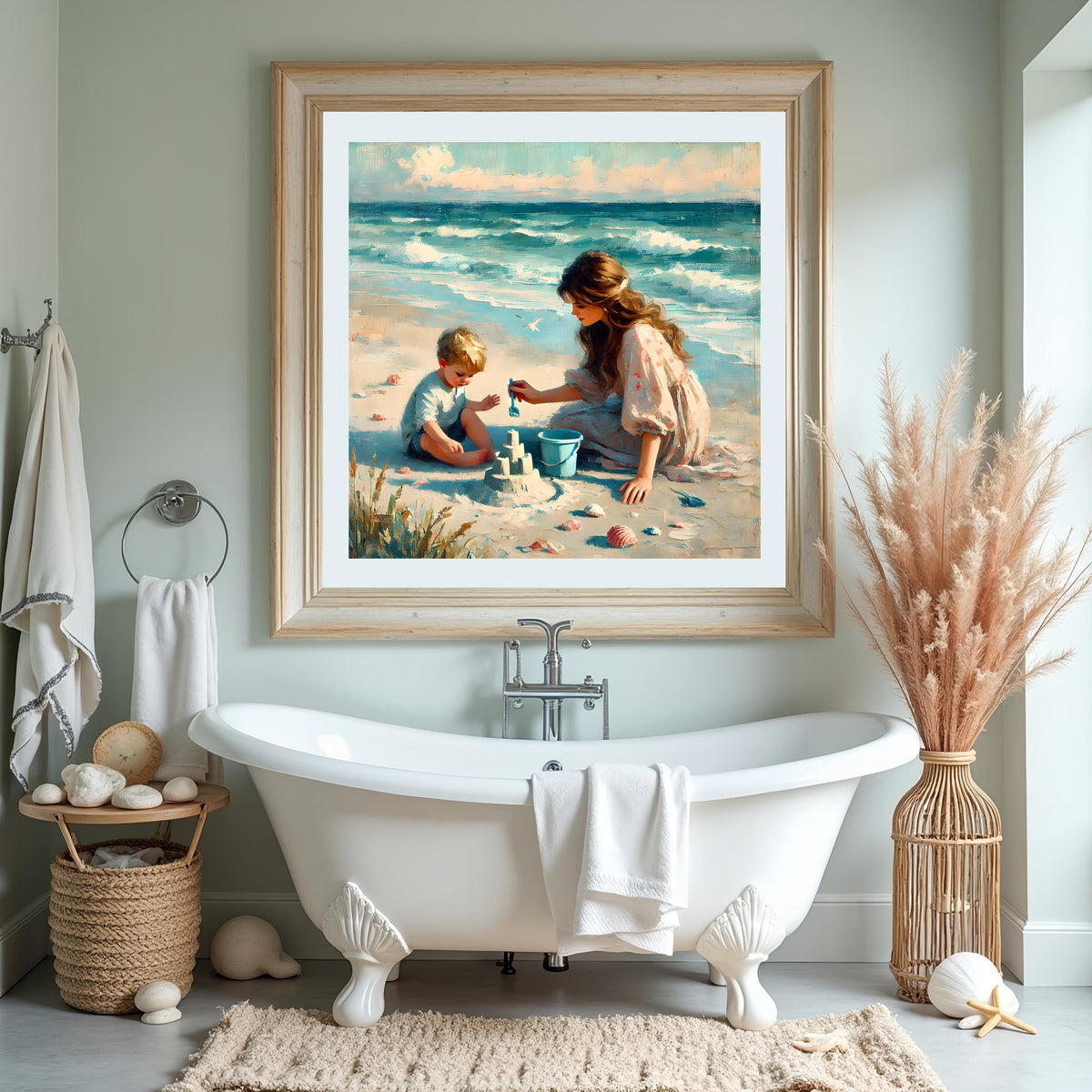 Mother and Son Sandcastle Beach Art Print: Summer Coastal Decor (Digital Download)