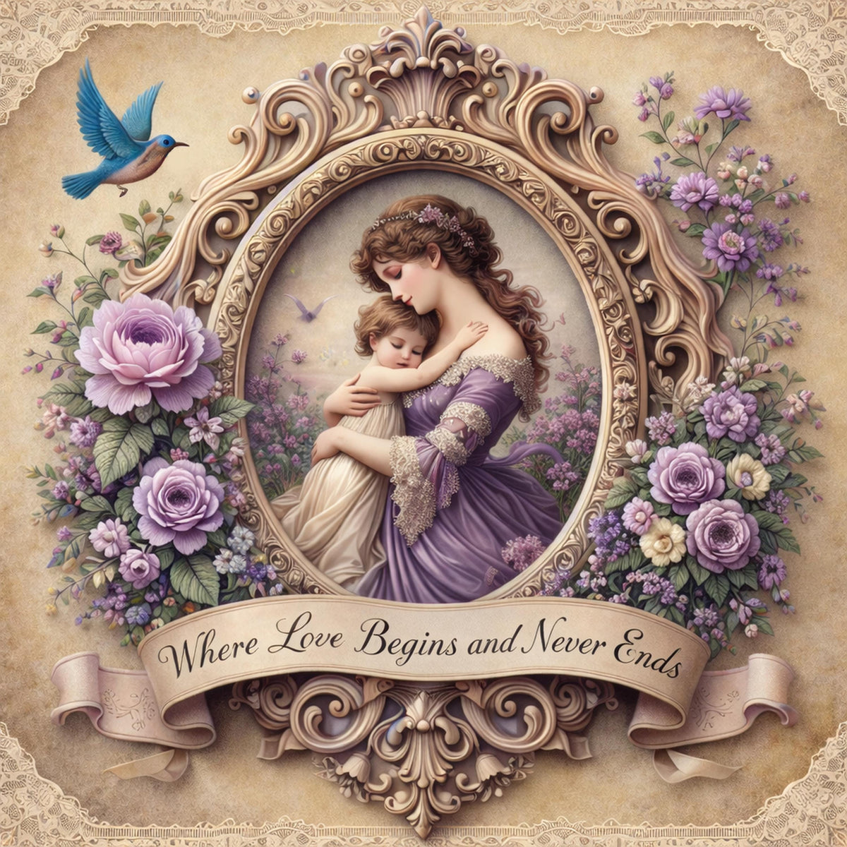 Victorian Mother Child Art Print: Lavender Floral Frame, Nursery Wall Decor (Digital Download)