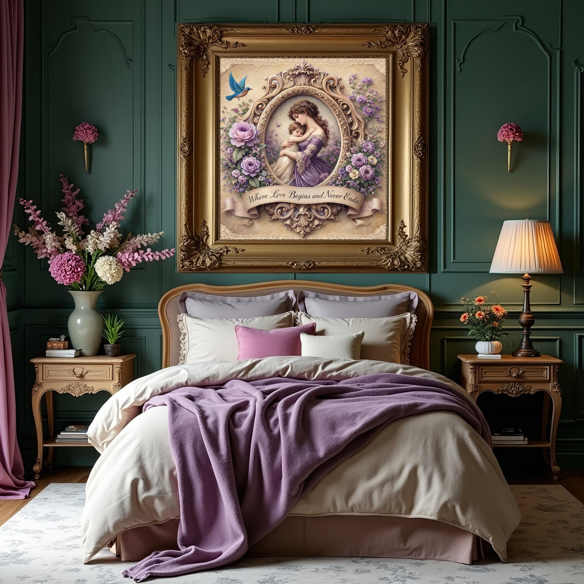 Victorian Mother Child Art Print: Lavender Floral Frame, Nursery Wall Decor (Digital Download)