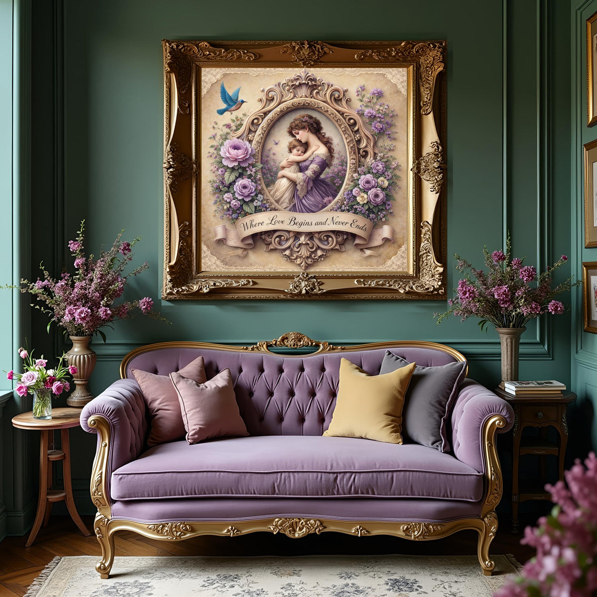 Victorian Mother Child Art Print: Lavender Floral Frame, Nursery Wall Decor (Digital Download)