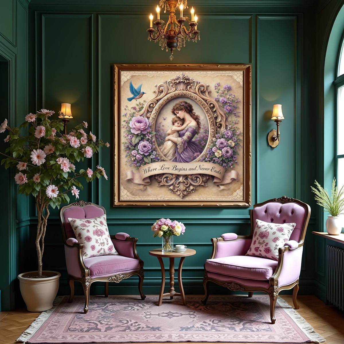 Victorian Mother Child Art Print: Lavender Floral Frame, Nursery Wall Decor (Digital Download)