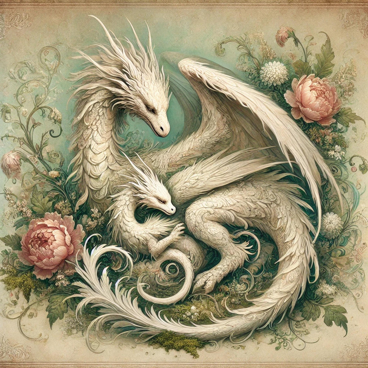 Mother Baby Dragon Botanical Nursery Art Print: Whimsical Fantasy Wall Decor (Digital Download)