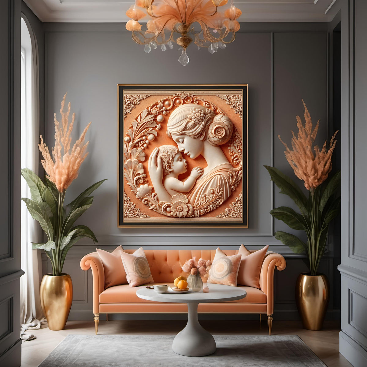 Terracotta Mother and Child Relief Art: Cameo Style, Nursery Decor (Digital Art)