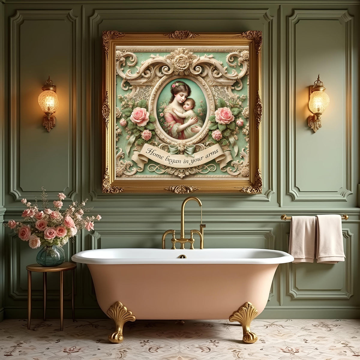 Victorian Mother Child Art Print: Floral Frame Nursery Decor (Digital Download)