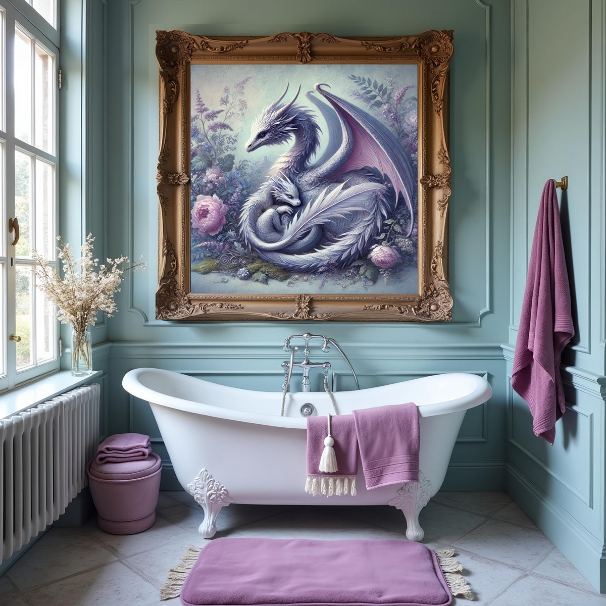 Ethereal Lavender Dragon Mother and Baby Fantasy Art Print (Digital Download)