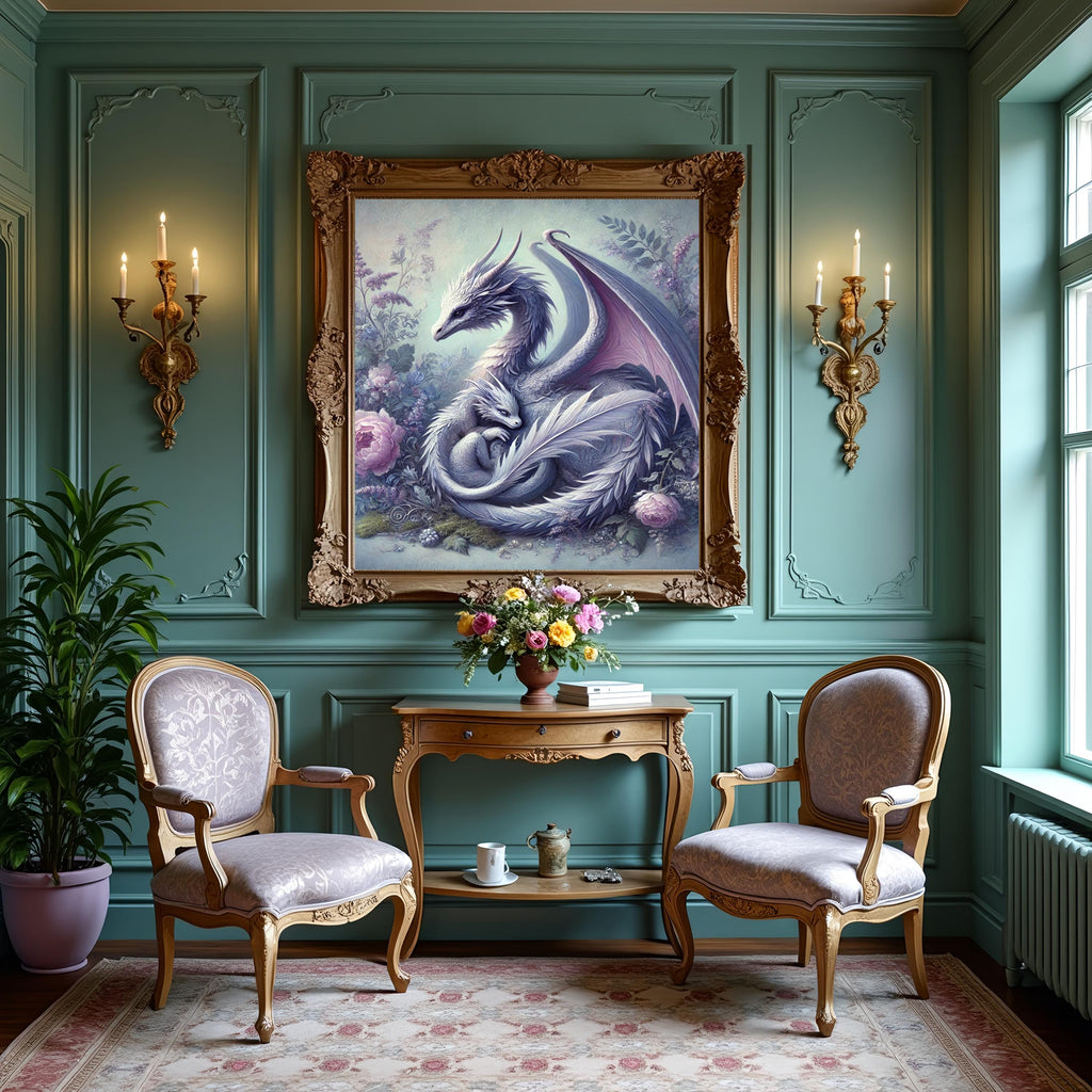 Ethereal Lavender Dragon Mother and Baby Fantasy Art Print (Digital Download)