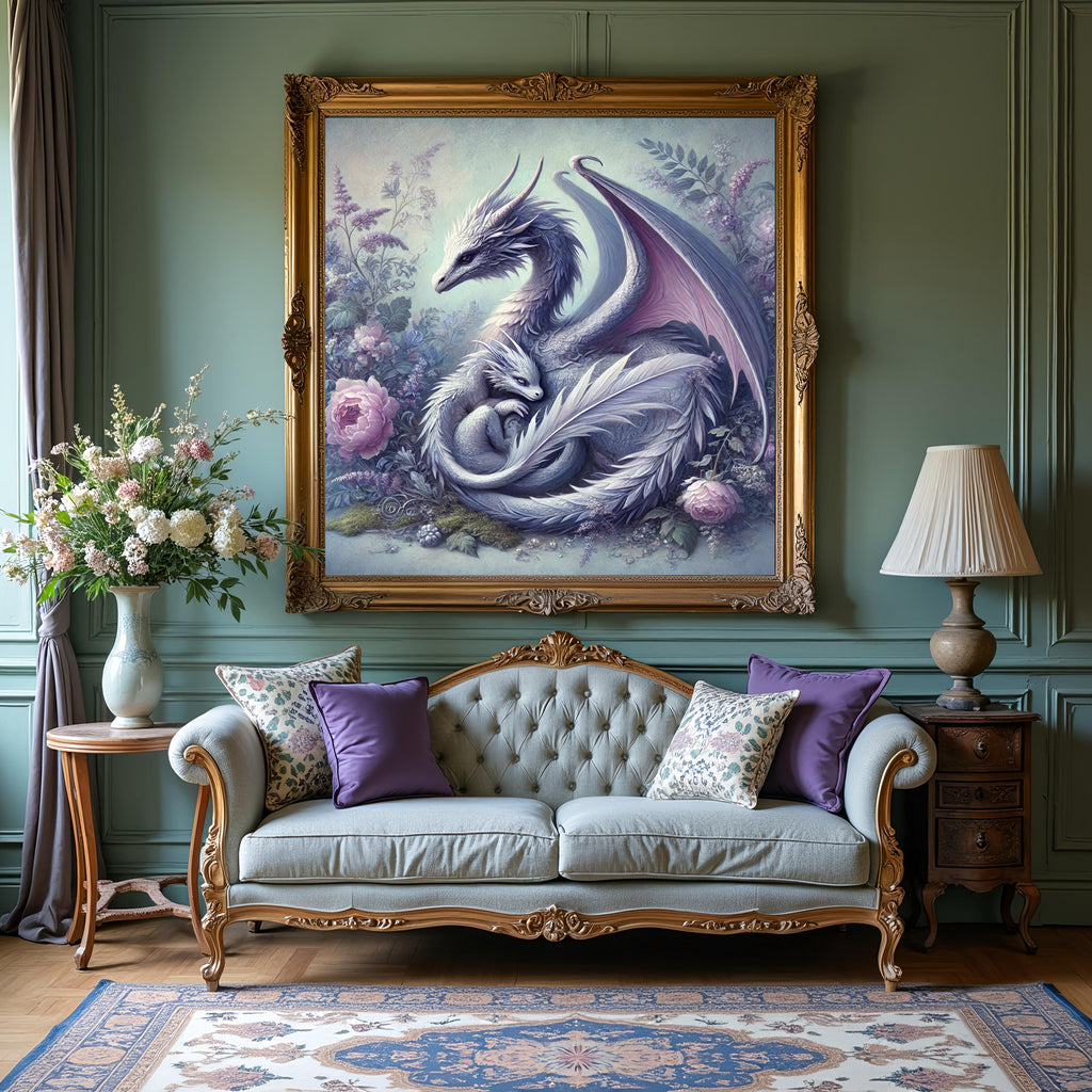 Ethereal Lavender Dragon Mother and Baby Fantasy Art Print (Digital Download)