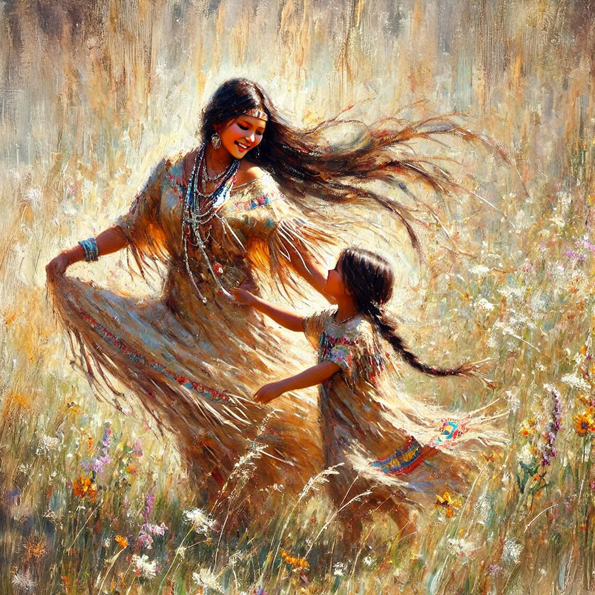 Mother Child Dancing Art Print: Golden Prairie Oil Painting (Digital Download)