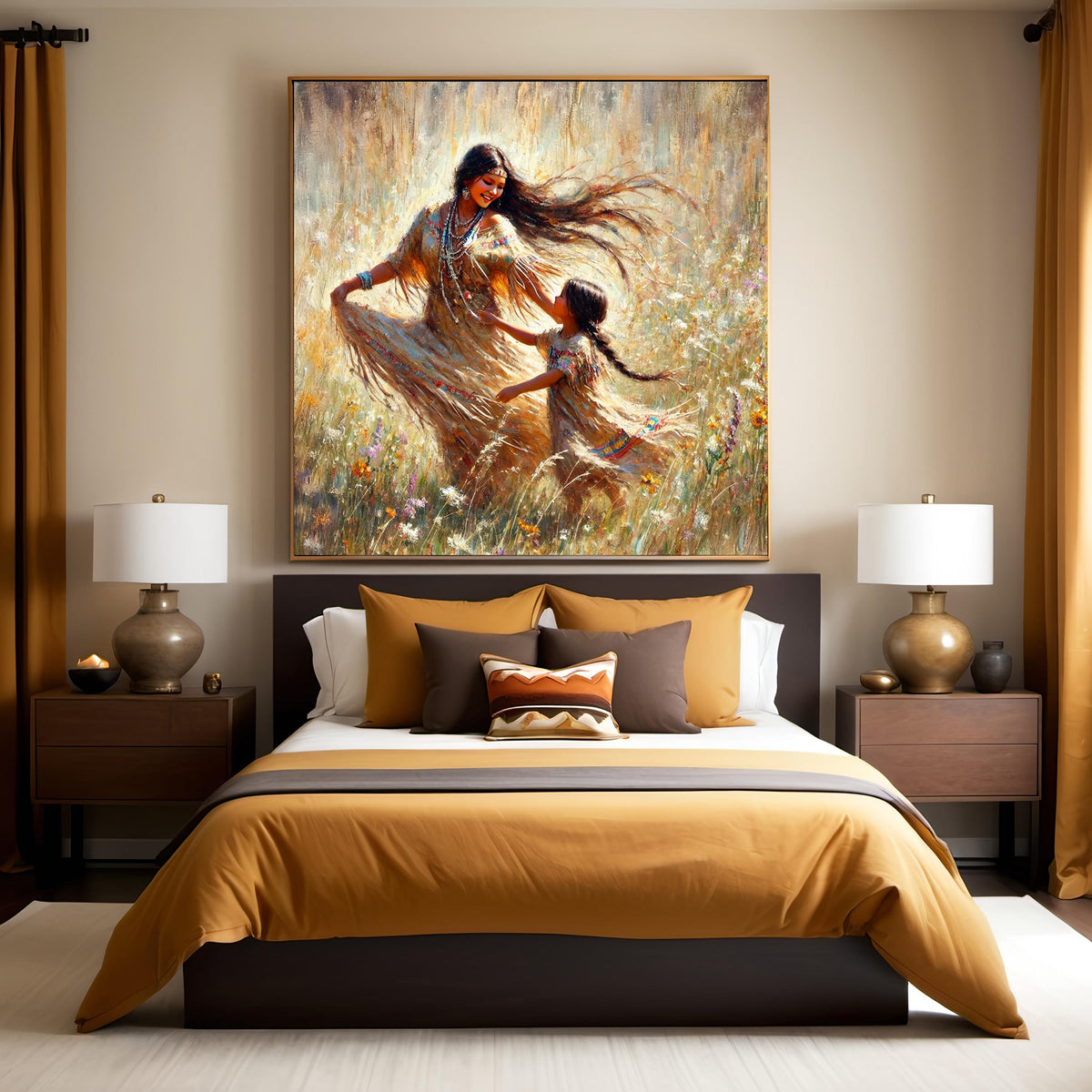 Mother Child Dancing Art Print: Golden Prairie Oil Painting (Digital Download)