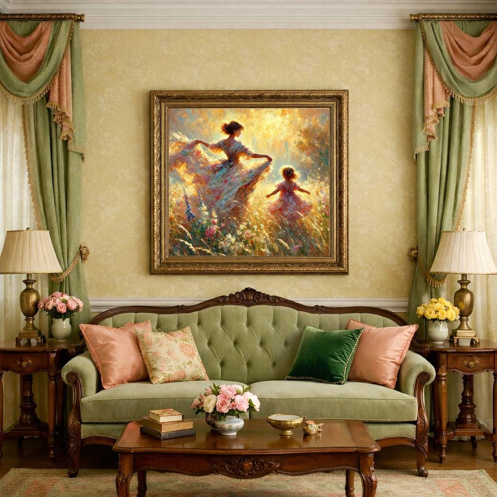 Impressionist Oil Painting Print: Mother and Child in Field (Digital Download)