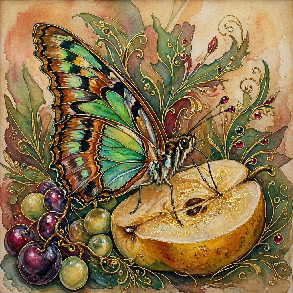Art Nouveau Butterfly Pear Botanical Painting (Digital Download)
