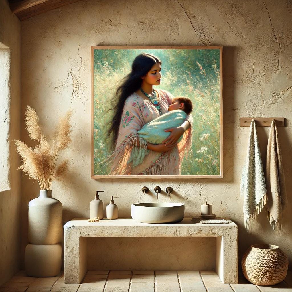 Mother and Baby Oil Painting Print – Boho Nursery Wall Art (Digital Download)