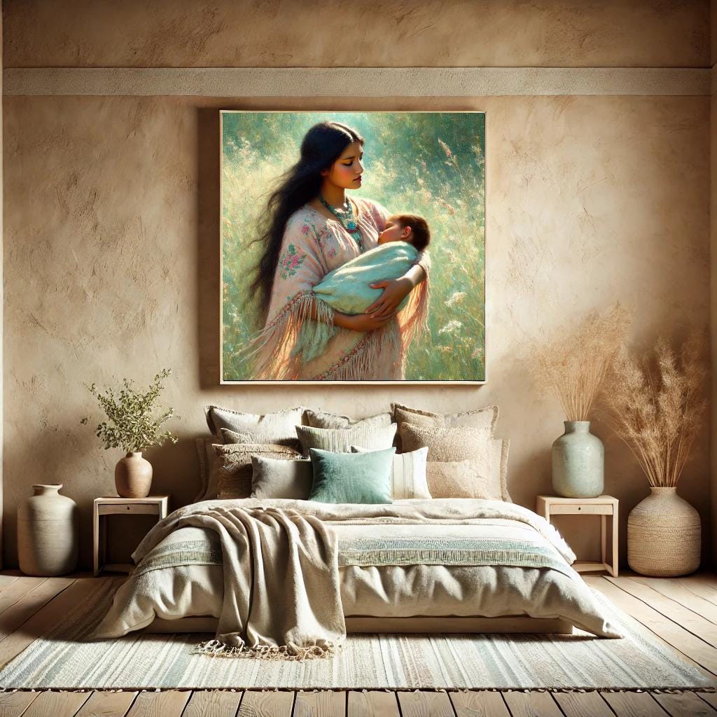 Mother and Baby Oil Painting Print – Boho Nursery Wall Art (Digital Download)
